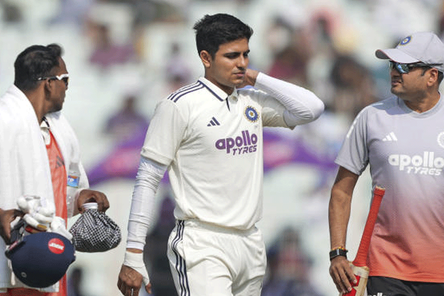 India’s captain Shubman Gill walks off the field after being retired hurt during the second day of the first Test cricket match of a series between India and South Africa, at the Eden Gardens, in Kolkata, Saturday, Nov. 15, 2025.