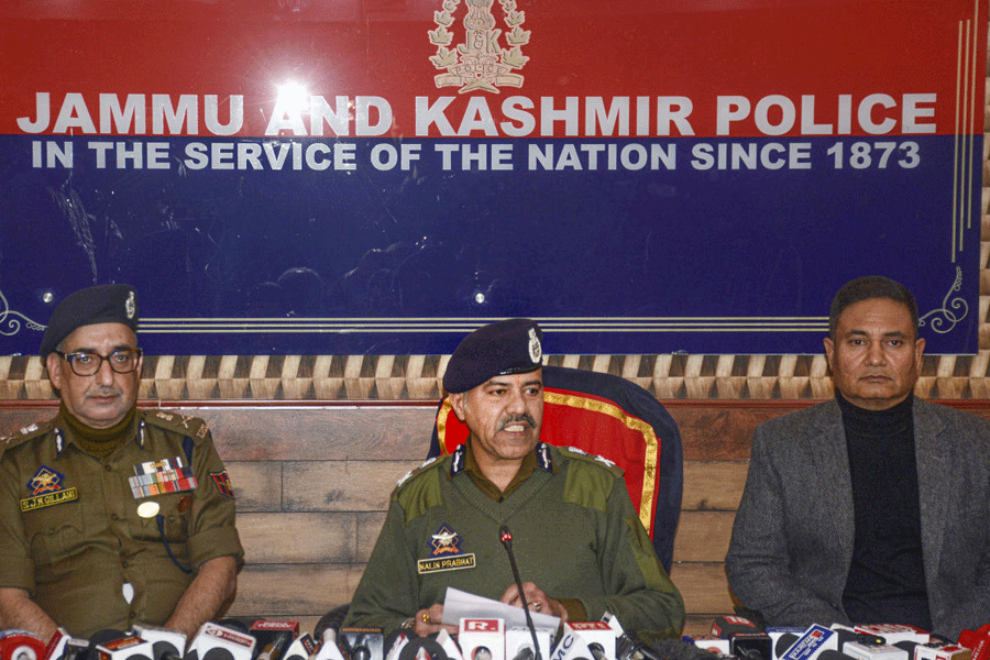 Jammu and Kashmir Director General of Police Nalin Prabhat addresses a press conference regarding an accidental explosion that ripped through Nowgam police station, in Srinagar, Saturday, Nov. 15, 2025.