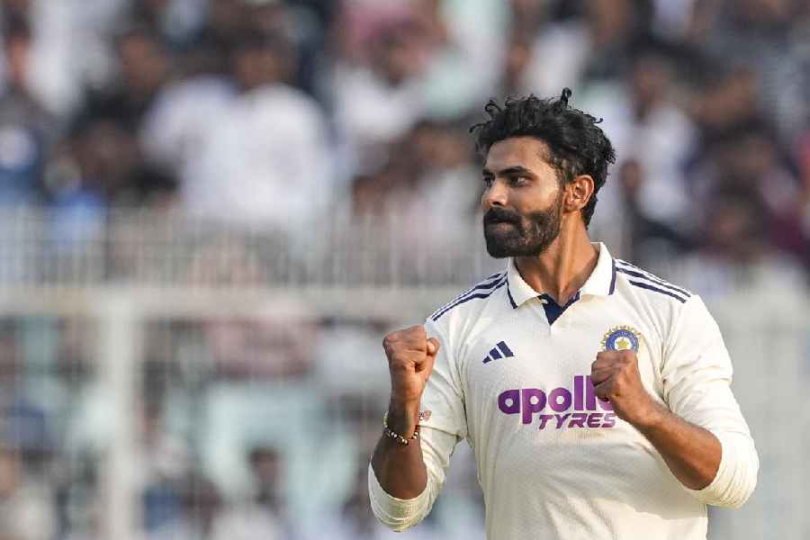 Ravindra Jadeja celebrates the wicket of South Africa’s Tristan Stubbs on day two of the first Test cricket match of a series between India and South Africa