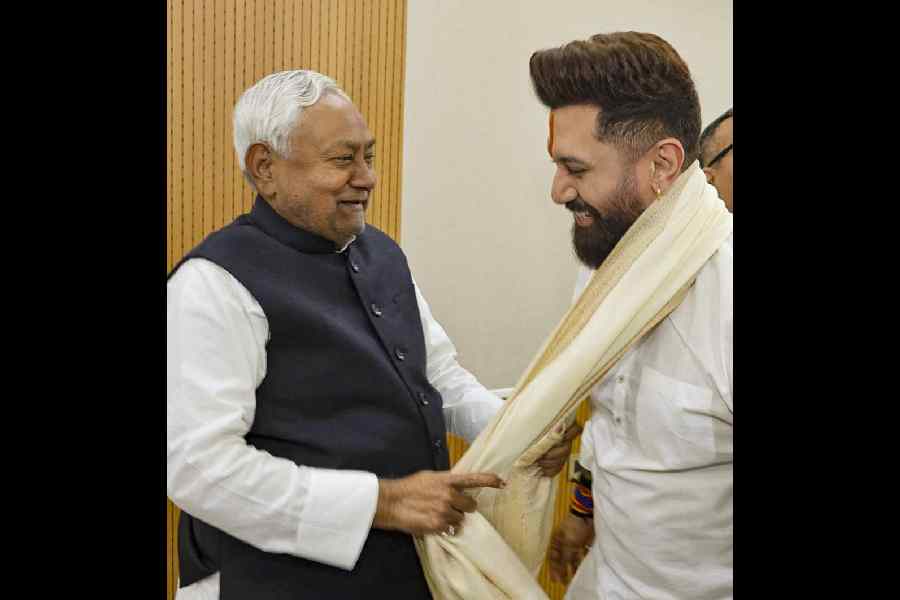 Chirag Paswan (right) during a meeting with Nitish Kumar in Patna on Saturday morning.