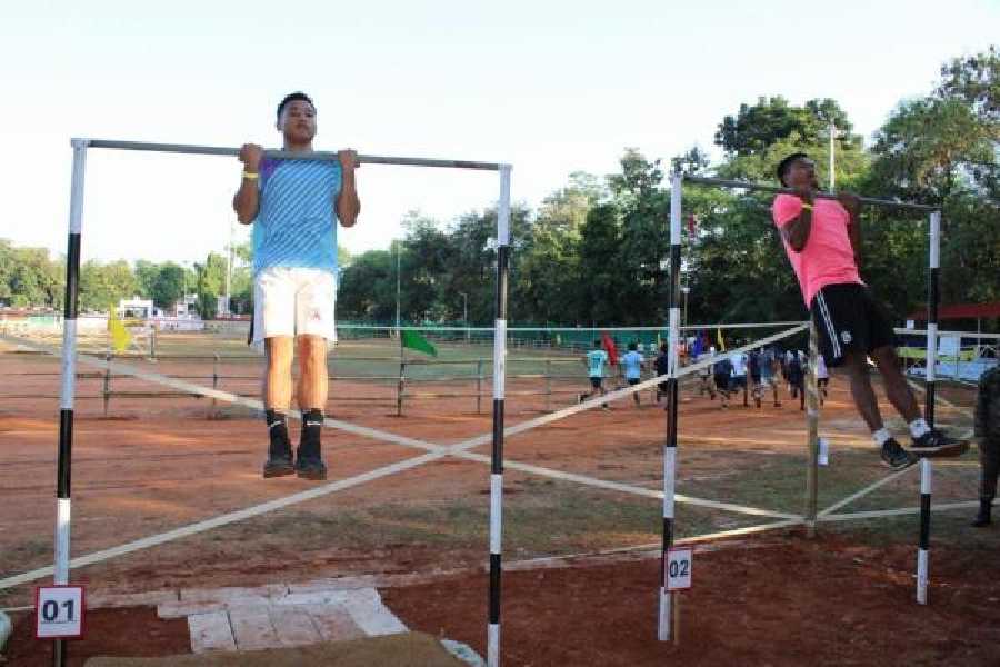 A candidate being put through a physical test at the recruitment camp on Saturday