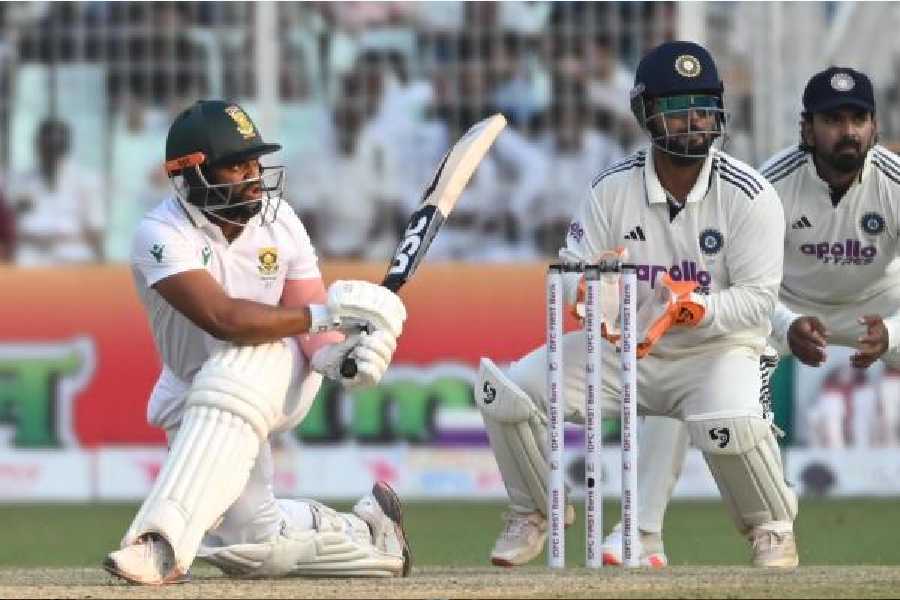 South Africa captain Temba Bavuma at the crease, with Rishabh Pant behind the wickets at Eden Gardens on Saturday. Bavuma was unbeaten on 29 in the Proteas’ second innings at close on Day II.