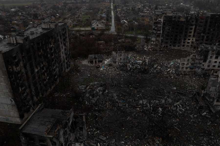 Drone view shows apartment buildings destroyed and damaged by Russian military strikes in the frontline town of Kostiantynivka