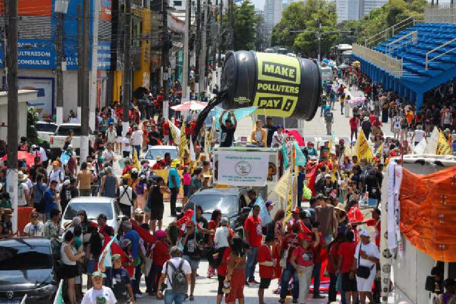 Protesters call for climate justice and territorial protection during the COP30 summit in Belem on Saturday.