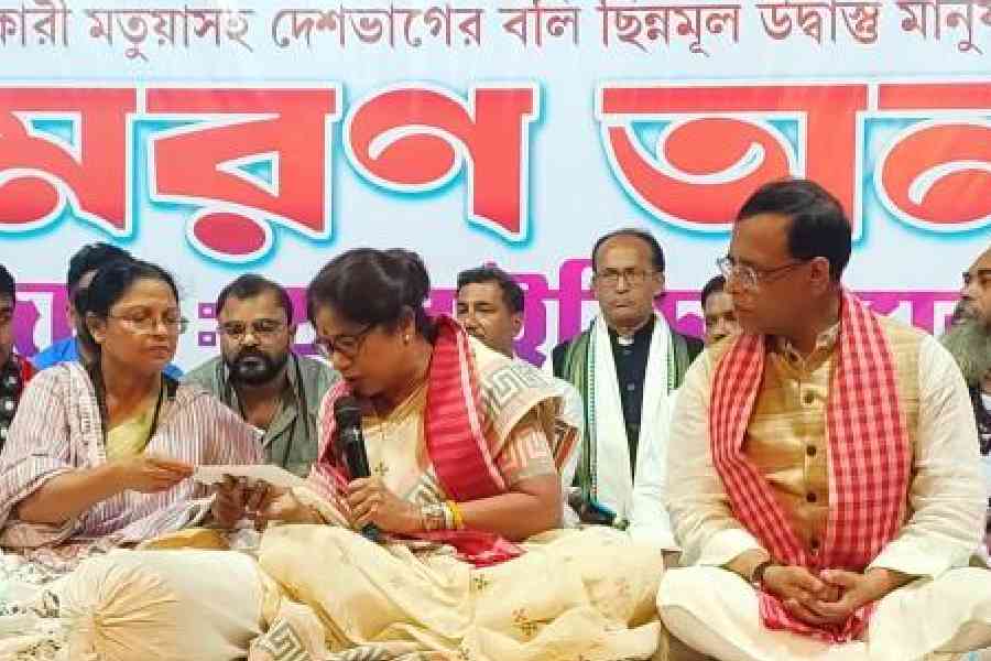 All India Matua Mahasangha chief and Trinamool Congress MP Mamatabala Thakur (left) with senior party leaders Shashi Panja and Snehasish Chakraborty in Thakurnagar on Sunday. Picture by Sudip Deb