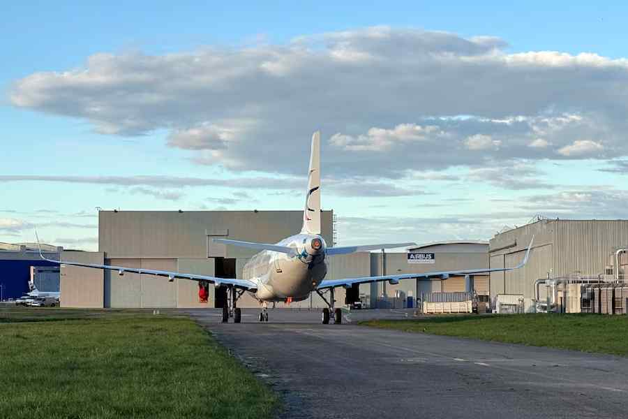 An Airbus A321neo aircraft is seen parked at the planemaker’s factory in Toulouse, France, March 25, 2025.