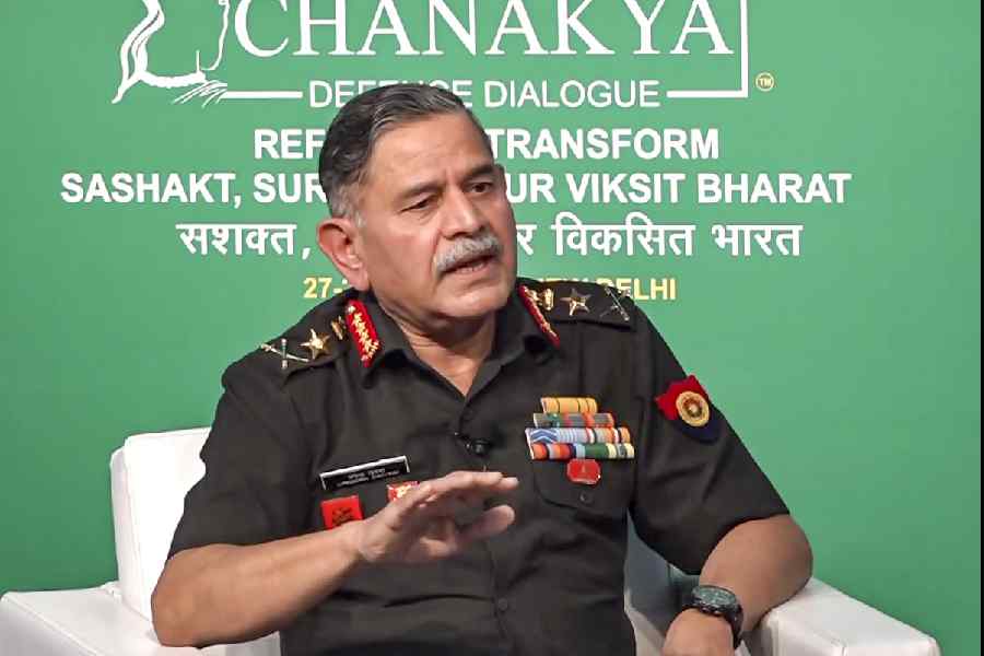 Chief of the Army Staff General Upendra Dwivedi speaks during the Chanakya Defence Dialogue, in New Delhi, Monday, Nov. 17, 2025.