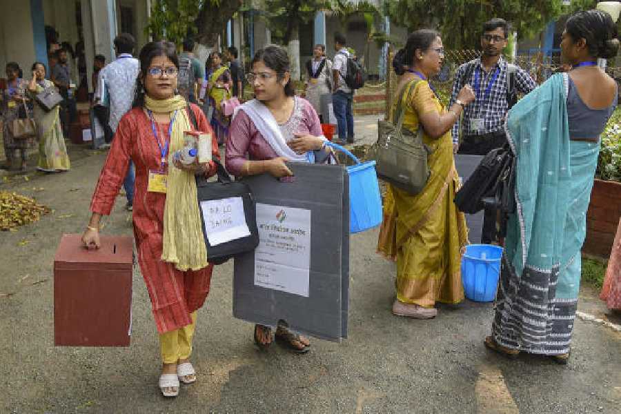 Officials in Assam's Nagaon leave for poll duty ahead of the 2024 Lok Sabha elections. 