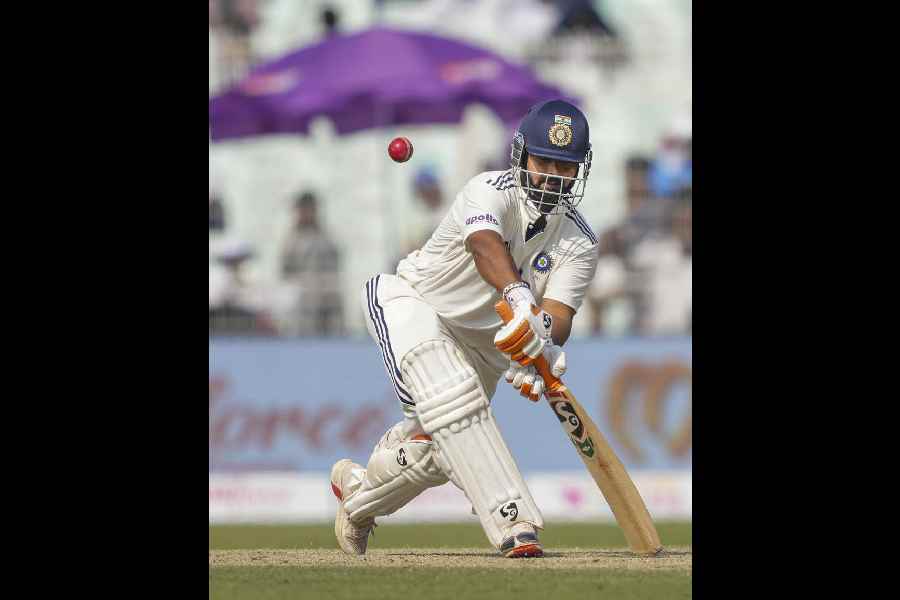 Rishabh Pant plays a rare defensive shot.