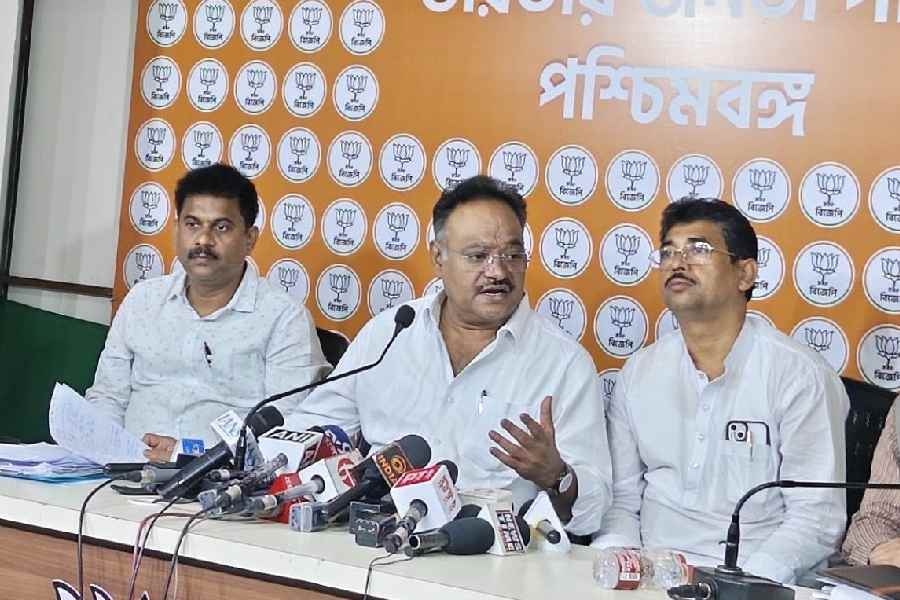 BJP state president Samik Bhattacharya addresses a news conference at the party's Salt Lake headquarters on Tuesday