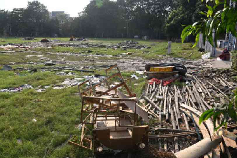 Remnants of the Durga Puja pandal lay scattered at Deshapriya Park on Tuesday. Pictures by Sanat Kr Sinha