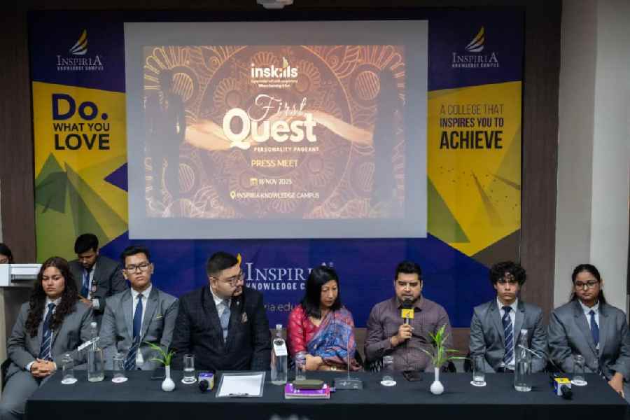 Representatives and students announce ‘First Quest’, the personality pageant, at Inspiria Knowledge campus in Siliguri on Tuesday