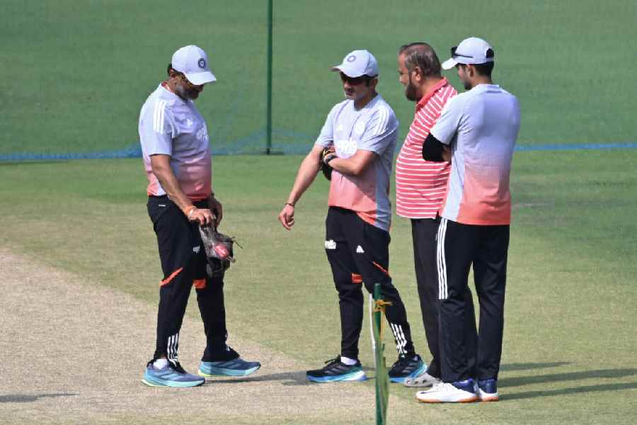 Head coach Gautam Gambhir with Edencurator Sujan Mukherjee before the first Test.