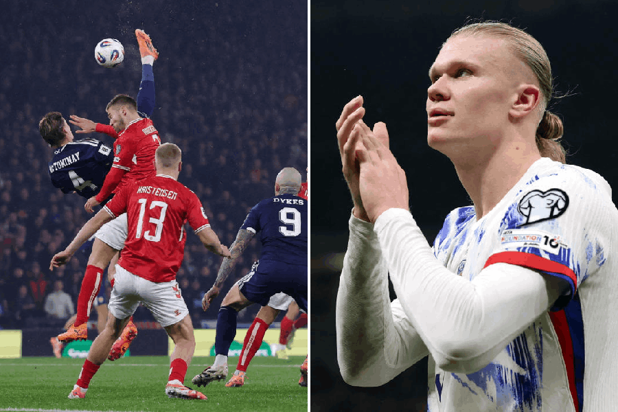 Scott McTominay scores an overhead kick (left), Erling Haaland (right)