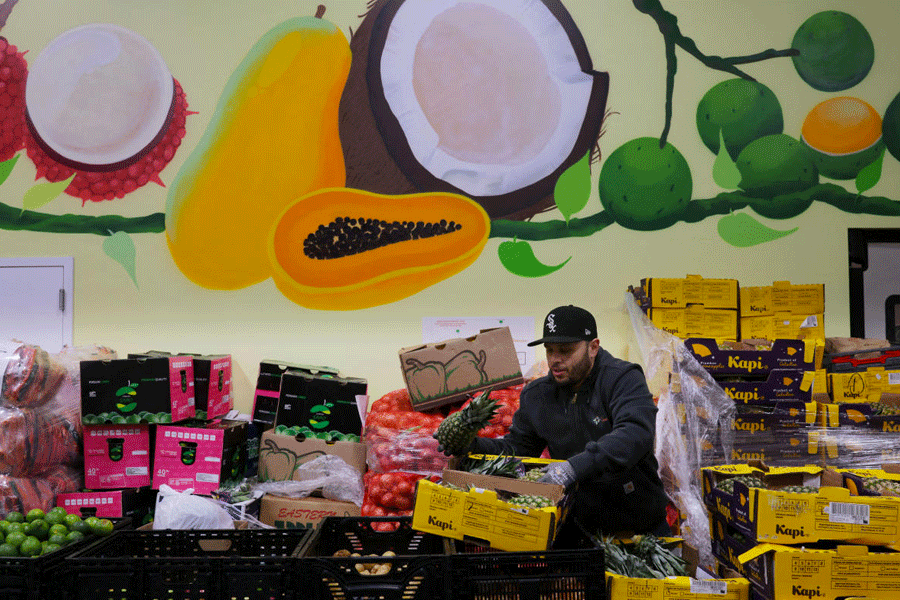 FILE PHOTO: A worker sorts fresh fruit and vegetables at La Colaborativa’s food pantry, as food aid benefits, including SNAP payments, will be suspended starting November 1 amid the ongoing U.S. government shutdown, in Chelsea, Massachusetts, U.S., October 29, 2025.