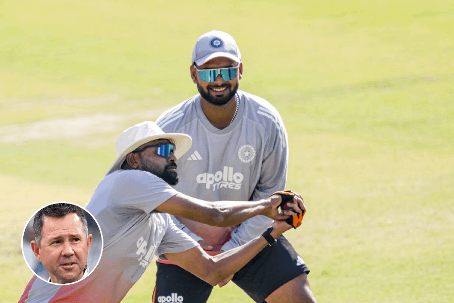 India's Rishabh Pant and Mohammed Siraj during a practice session ahead of the second Test cricket match between India and South Africa, at ACA Stadium in Guwahati, Thursday, Nov. 20, 2025. (inset) Ricky Ponting