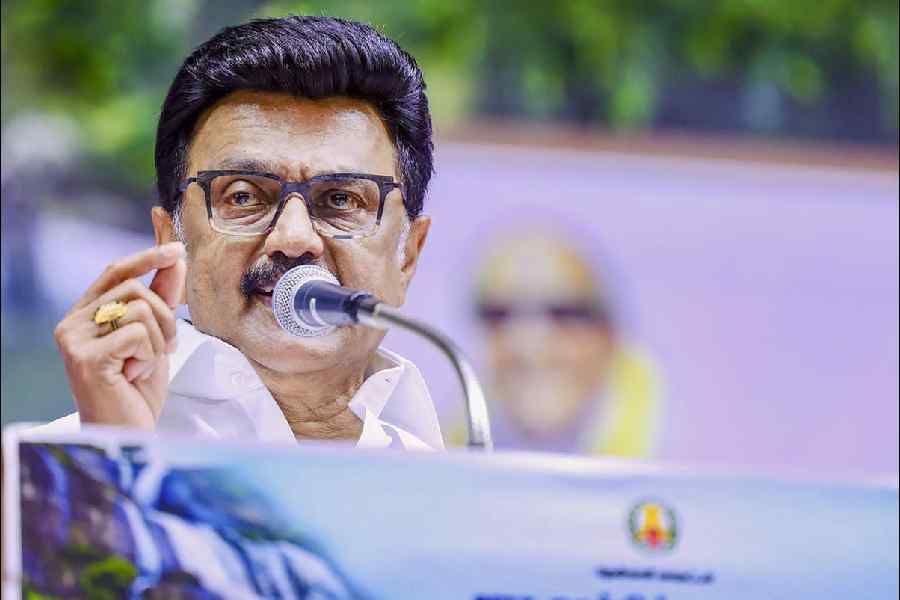 In this image posted on Oct. 29, 2025, Tamil Nadu CM MK Stalin addresses the gathering during a foundation stone laying and inauguration ceremony of various initiatives, in Tenkasi district.