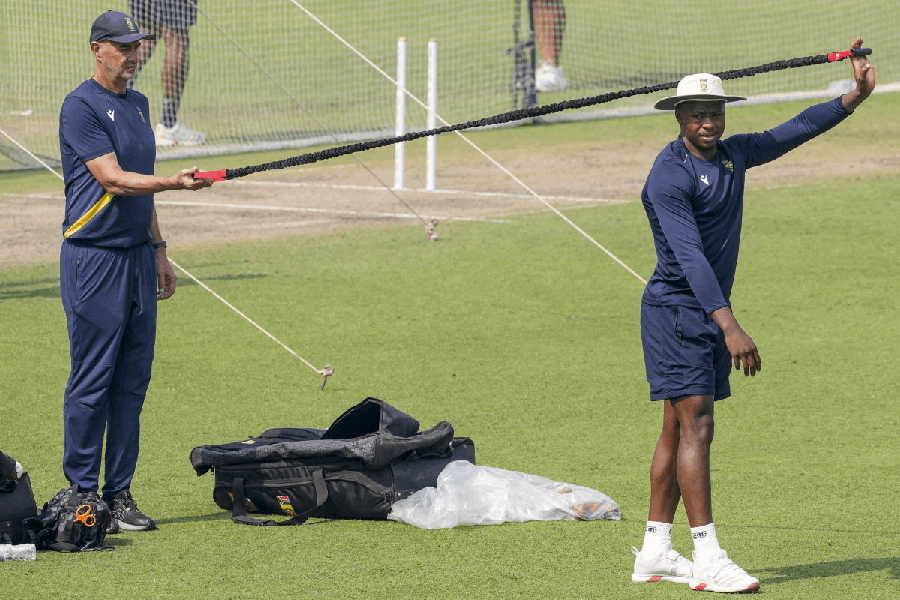 South Africa's Kagiso Rabada during a training session ahead of the first Test cricket match between India and South Africa, at Eden Gardens in Kolkata, Wednesday, Nov. 12, 2025.