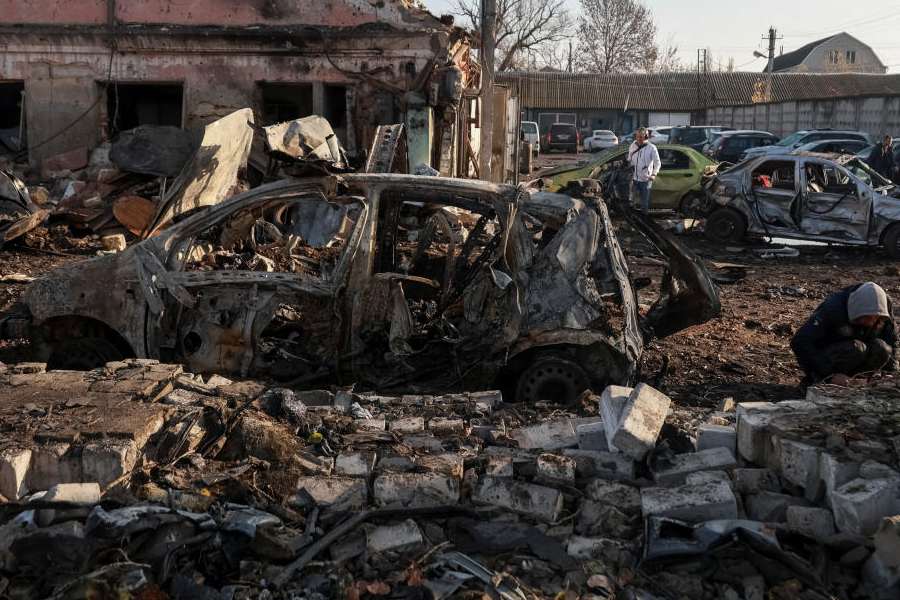 The site of the Russian drone strike, amid Russia's attack on Ukraine, in Odesa, Ukraine, November 21, 2025.