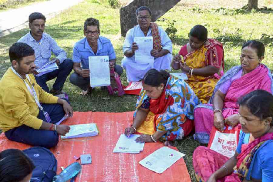 A BLO oversees the filling of enumeration forms by voters for the special intensive revision in Malda district. (PTI picture)