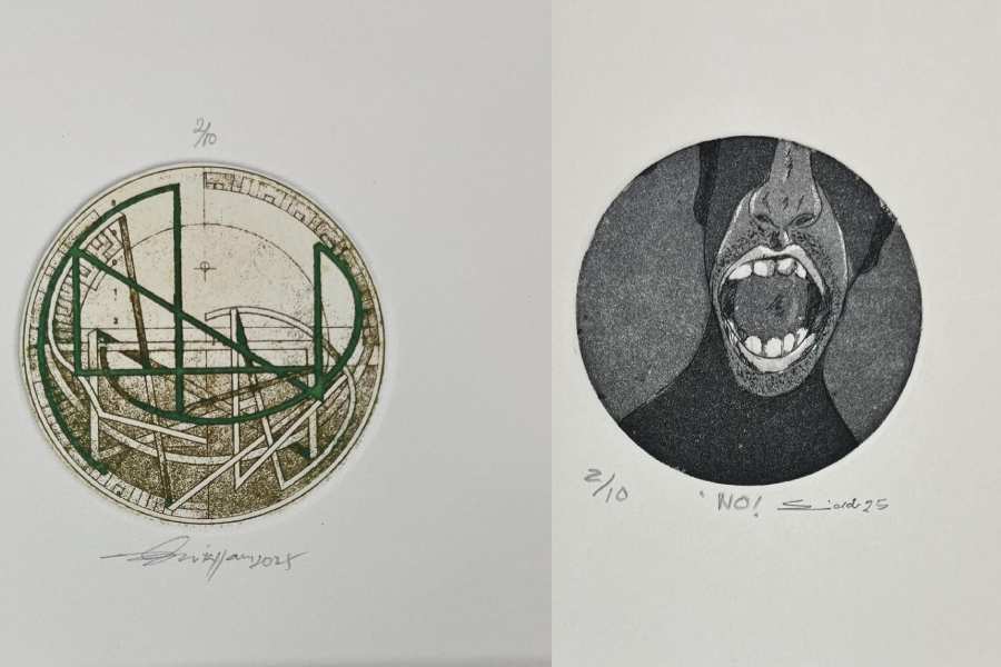 An artwork by Rm. Palaniappan (right); An artwork by Siddhartha Ghosh