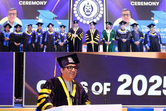 The ceremony opened with an elegant procession of dignitaries, led by Chief Guest Mr. Ashneer Grover, Entrepreneur and Former Managing Director of BharatPe, accompanied by Guest of Honour Dr. J.K. Das, Dean of PG Studies and senior official from the University of Calcutta. As the iconic anthem “Mind Without Fear” resonated through the hall, the audience rose in reverence.