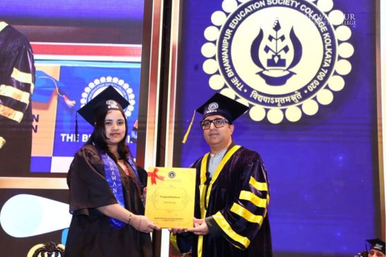 A special highlight of the evening was the felicitation of departmental rank-holders by the Chief Guest, who also delivered a powerful, candid address rich with entrepreneurial wisdom, humour, and motivating insights. The main certificate distribution followed a seamless multi-station format, where graduates were felicitated in synchronized batches of ten by members of the management, administrative heads, and senior faculty. Anchors Rajnandini and Vedhi ensured smooth transitions throughout the ceremony, reflecting the organizing team’s meticulous planning and teamwork.