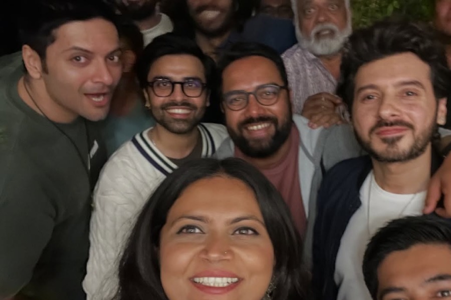 Ali Fazal, Jitendra Kumar and Divyenndu in the sets of 'Mirzapur: The Film'