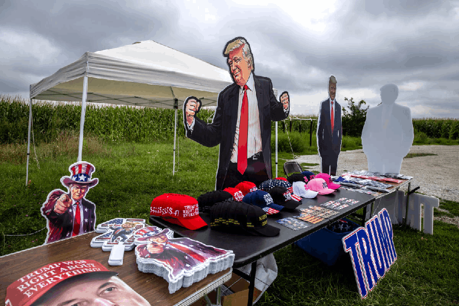 File photo: U.S. President Donald Trump merchandise is sold at a roadside stand, near Hebron, Indiana, U.S., August 19, 2025.