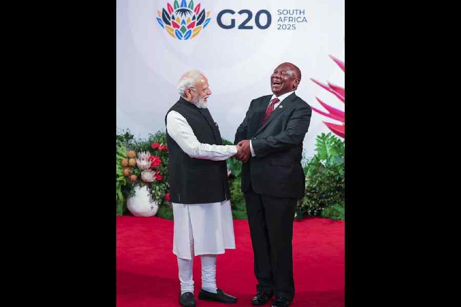 Prime Minister Narendra Modi and South Africa President Cyril Ramaphosa at the G20 Summit in Johannesburg on Saturday.