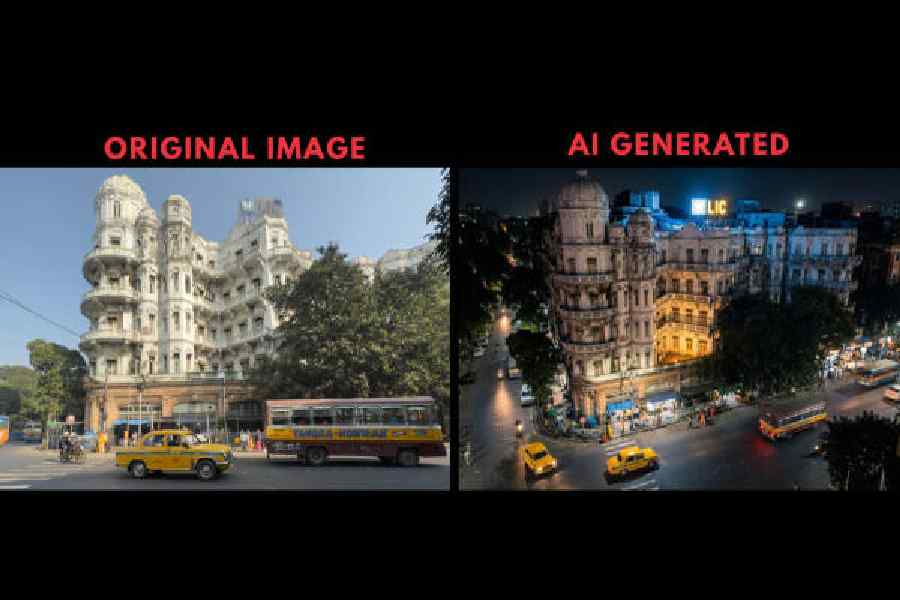 The daytime picture (left) of Esplanade Mansions in Calcutta is real while Gemini 3 Pro Image recreated the scene from a different angle at night