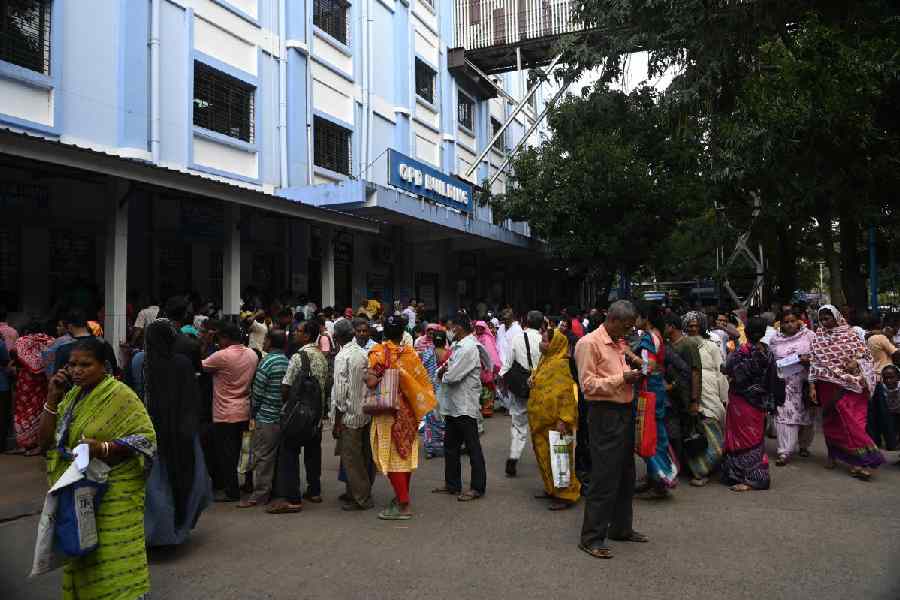 Queue of patients at hospital.