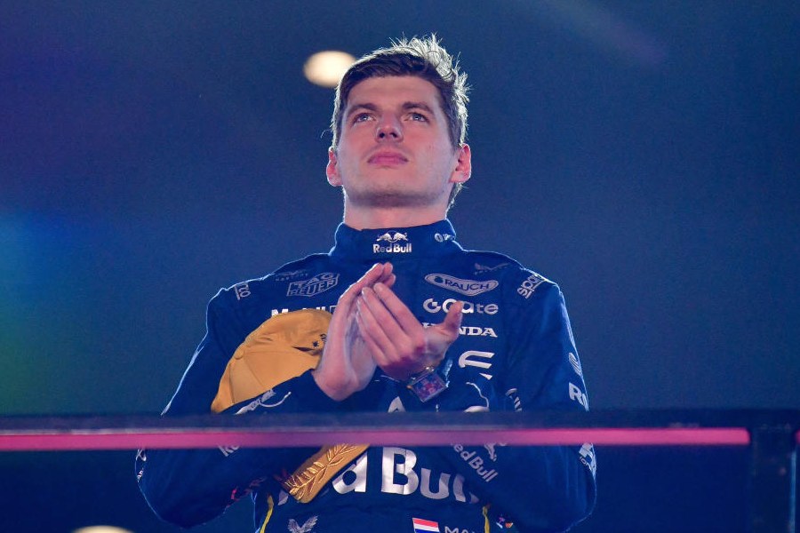 Red Bull Racing driver Max Verstappen celebrates his victory of the Las Vegas Grand Prix at Las Vegas Strip Circuit on November 21, 2025.