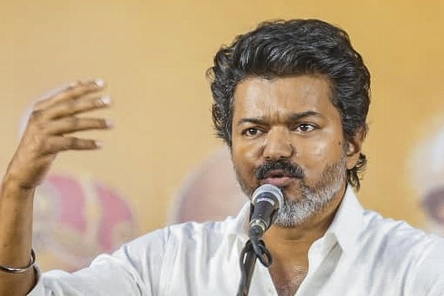TVK leader Vijay addresses a public meeting, in Kanchipuram, Sunday, Nov. 23, 2025.