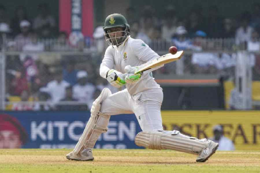 South Africa’s Senuran Muthusamy, during his innings of 109, on Day II of the second Test against India in Guwahati on Sunday.
