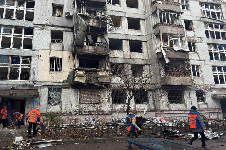 A building damaged during a Russian drone strike in Dnipro, Ukraine, on Sunday. (Reuters)