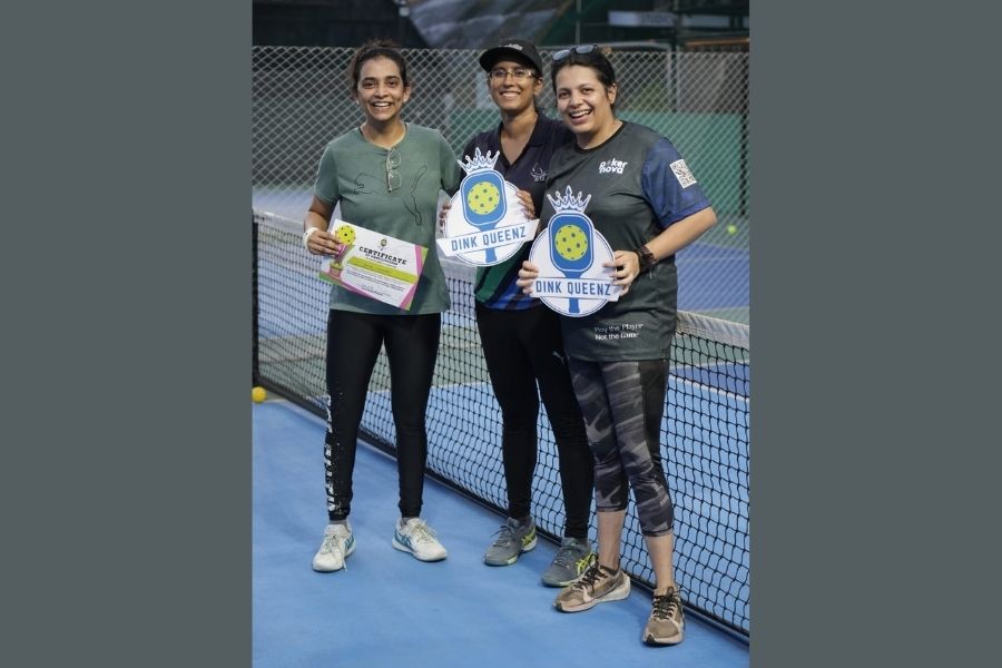 Nisha and Aastha with Amrita Mukherjee (centre) who represented India at the Pickleball World Cup. Amrita recently conducted a Masterclass with the Dink Queenz 