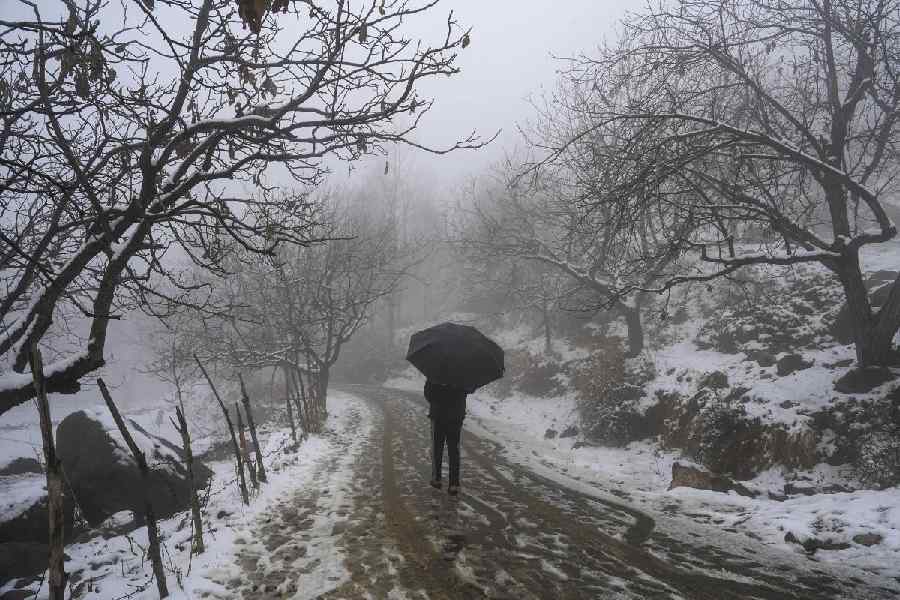 A person walks on a snow covered road during season's first snowfall in Srinagar.