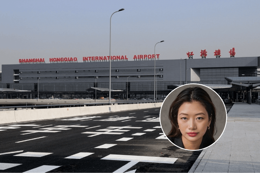 Shanghai Airport terminal exterior, (inset) Pem Wang Thongdok