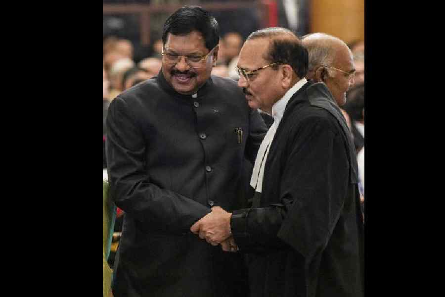 New CJI Surya Kant (right) with his predecessor BR Gavai during the swearing-in ceremony at Rashtrapati Bhavan on Monday.