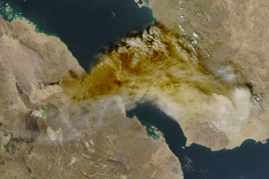 A satellite image shows ash rising from the eruption of the Hayli Gubbi volcano in Ethiopia as it drifts over the Red Sea, November 23, 2025.