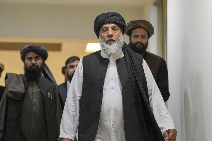 Afghanistan Commerce and Industry Minister Alhaj Nooruddin Azizi during a press conference, in New Delhi, Monday, Nov. 24, 2025.