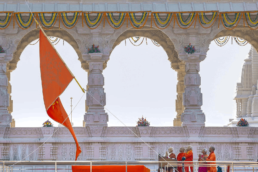 Prime Minister Narendra Modi with Uttar Pradesh Governor Anandiben Patel, Chief Minister Yogi Adityanath and RSS chief Mohan Bhagwat during the ‘Dhwajarohan’ ceremony at the Ram Temple, in Ayodhya, Uttar Pradesh, Tuesday, Nov. 25, 2025.