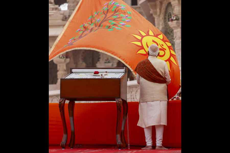 Prime Minister Narendra Modi during the Dhwajarohan ceremony at the Ram Temple in Ayodhya on Tuesday. (PMO via PTI)