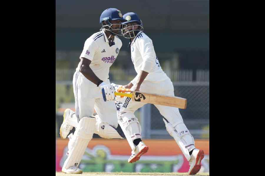 India's Sai Sudharsan and Ravindra Jadeja run between the wickets during the fifth day of the second Test cricket match between India and South Africa, at ACA Stadium, Barsapara in Guwahati, Wednesday, Nov. 26, 2025.