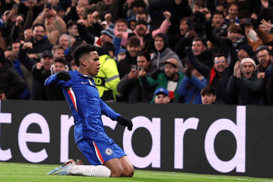 Chelsea's Estevao celebrates scoring their second goal.