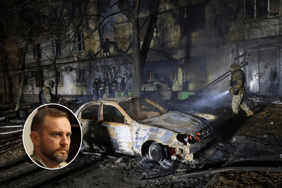 Rescue workers try to put out a fire of a residential building burning after a Russian attack on Zaporizhzhia, Ukraine, Wednesday, Nov. 26, 2025.