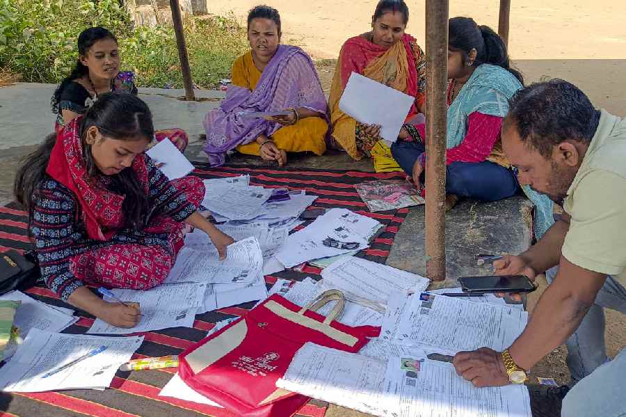 BLOs assist voters in filling up enumeration forms at a village in Bastar, Chhattisgarh, on Tuesday. 