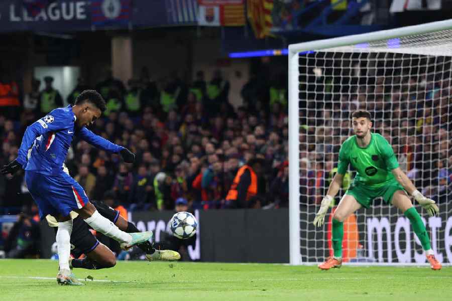 Estevao of Chelsea makes it 2-0 against Barcelona during Tuesday’s Champions League match at Stamford Bridge in London.