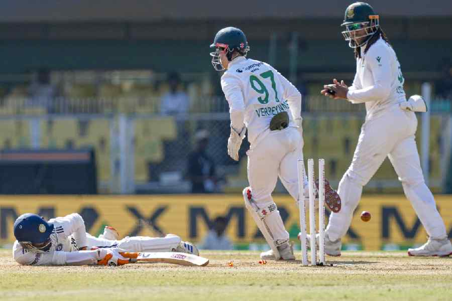 India's Ravindra Jadeja stumped out during the fifth day of the second Test cricket match between India and South Africa, at ACA Stadium, Barsapara in Guwahati, Wednesday